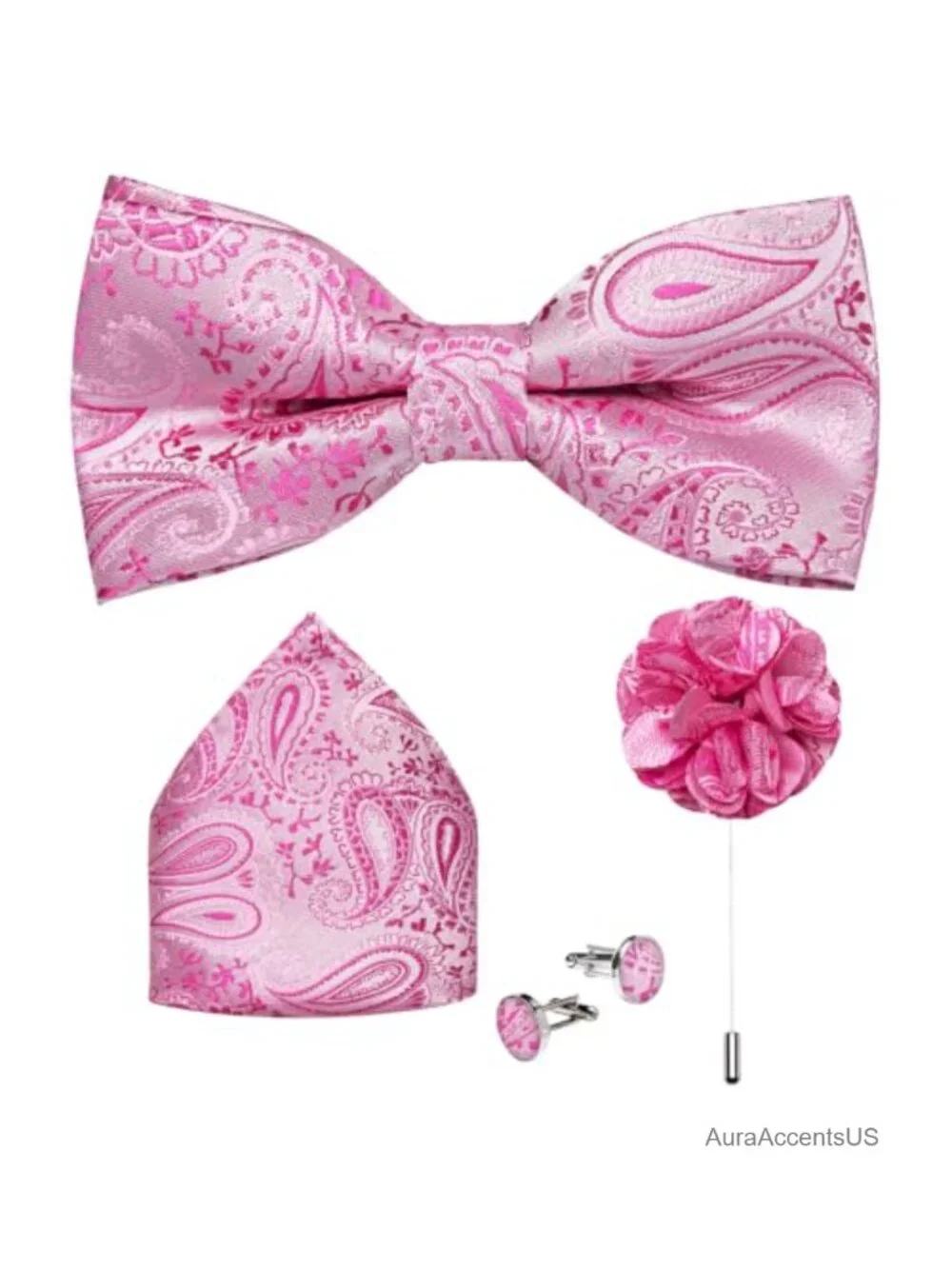 Silk Pre-Tied Bow Tie with Pocket Square Cufflinks Lapel Pin Set Formal Wedding